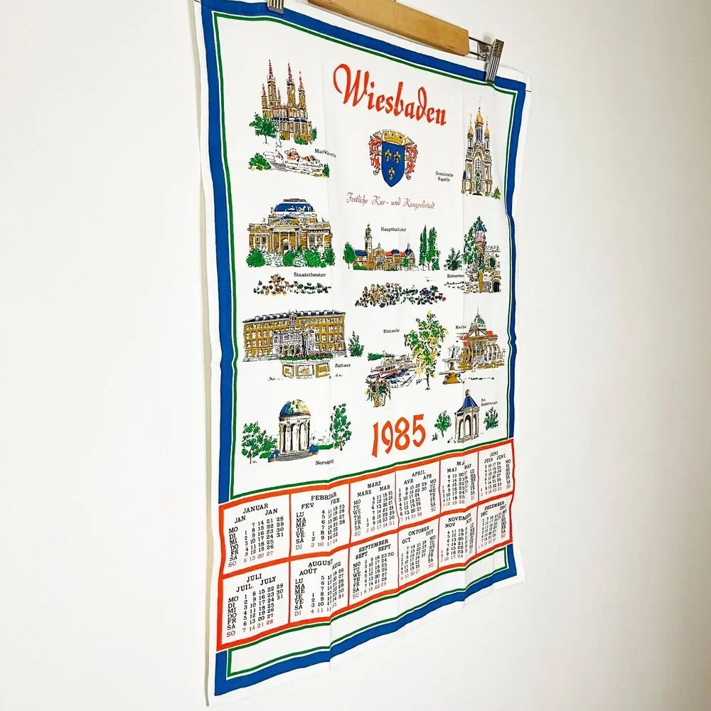 Vintage 1985 Wiesbaden Germany Tea Towel Calendar Souvenir Dish Towel Baumwolle